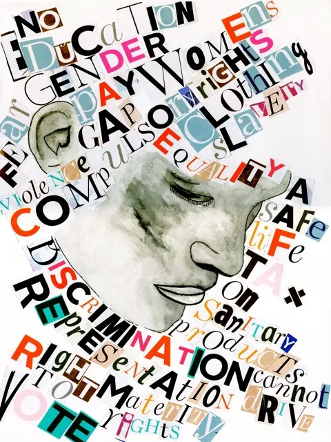 Face of an woman between letters and words.